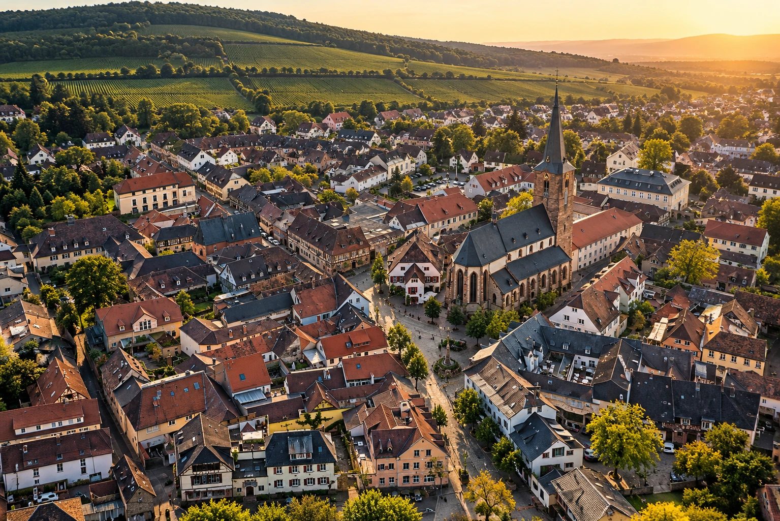 Luftaufnahme von Deidesheim mit Wohngebieten und Weinbergen – unterschiedliche Wohnlagen für den Immobilienverkauf