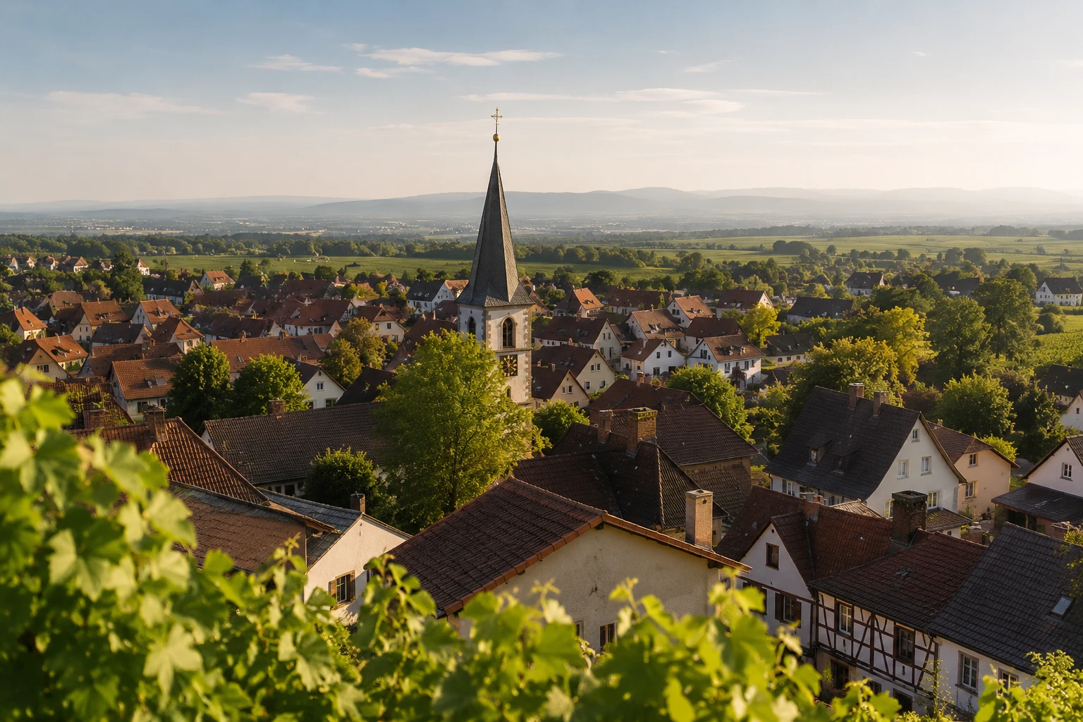 Blick über das Weindorf Mußbach bei Neustadt an der Weinstraße mit Häusern und der umliegenden Weinlandschaft