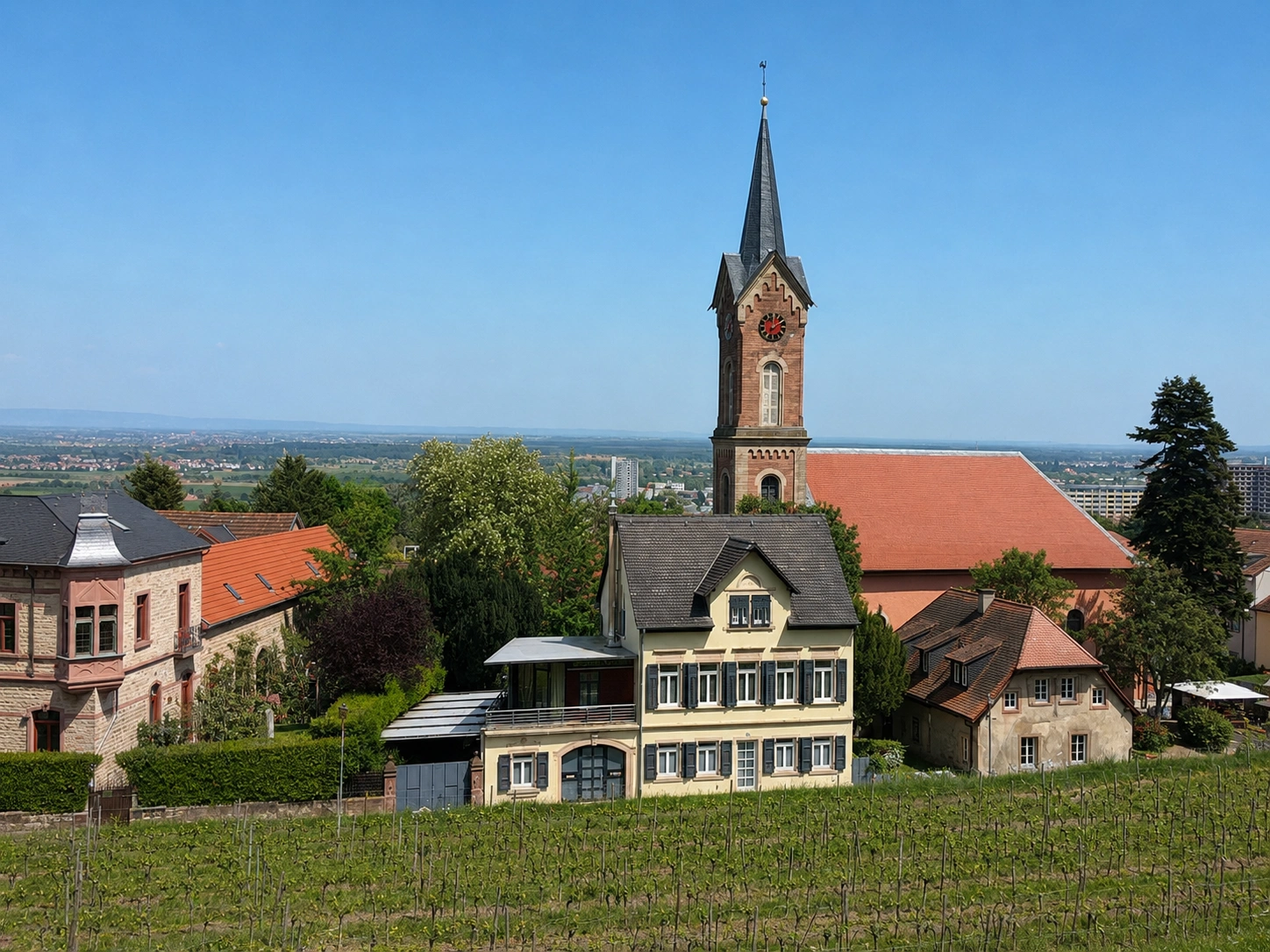 Ortsansicht von Neustadt-Haardt an der Weinstraße mit Weinbergen und Häusern am Haardtrand