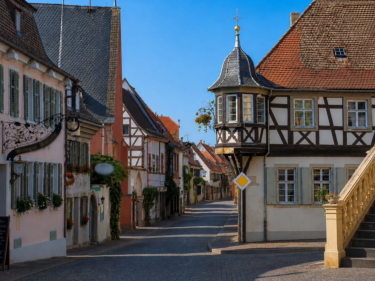 Ortsansicht von Königsbach bei Neustadt an der Weinstraße mit Häusern und Weinlandschaft