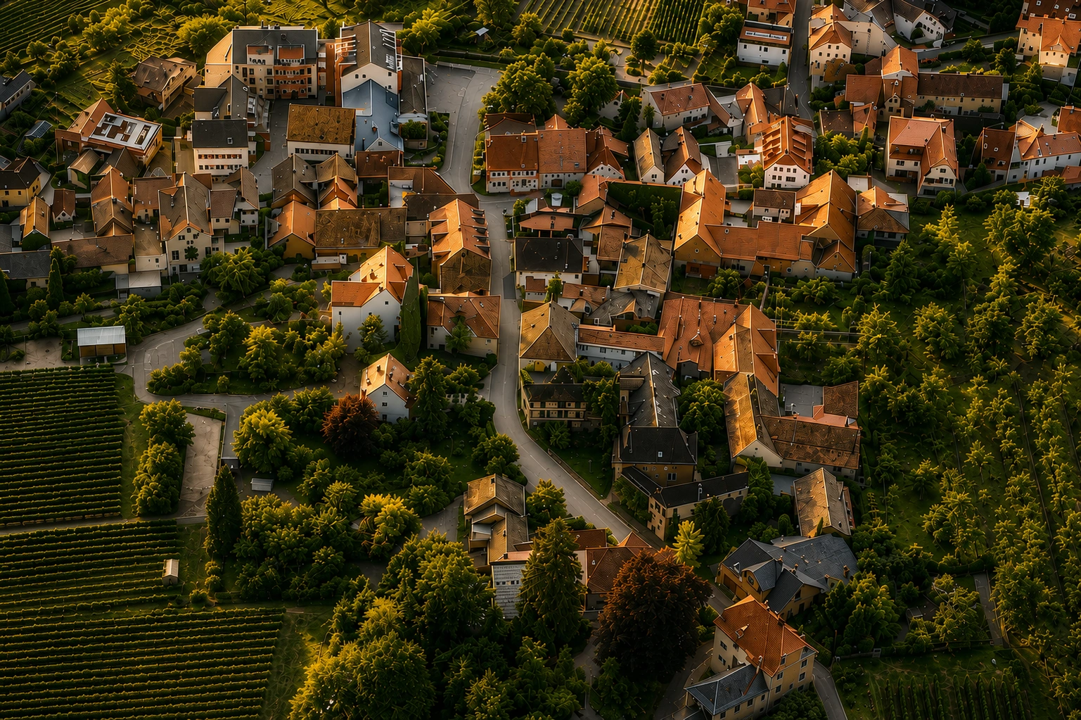 Vogelperspektive auf Neustadt-Haardt mit Wohnhäusern, Weinbergen und der umliegenden Landschaft